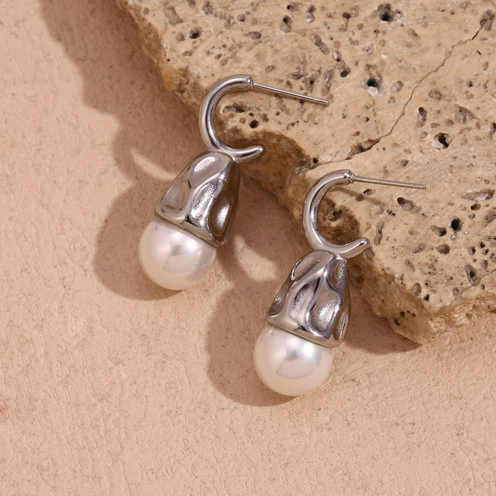 Silver Hammered Drop Pearl Earrings
