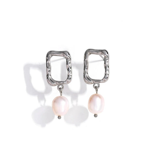 Silver Rectangular Fresh Water Pearl Drop Earrings
