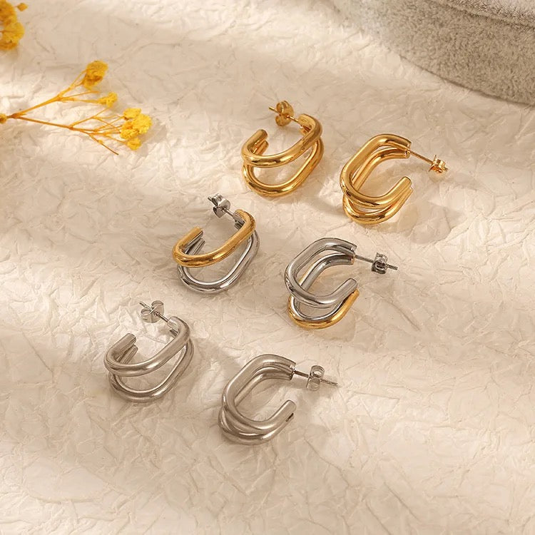 Silver Double Layer J-shape Hoop Earrings