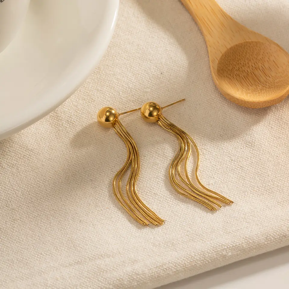 18K Long Snake Chain Tassel Ball Earrings