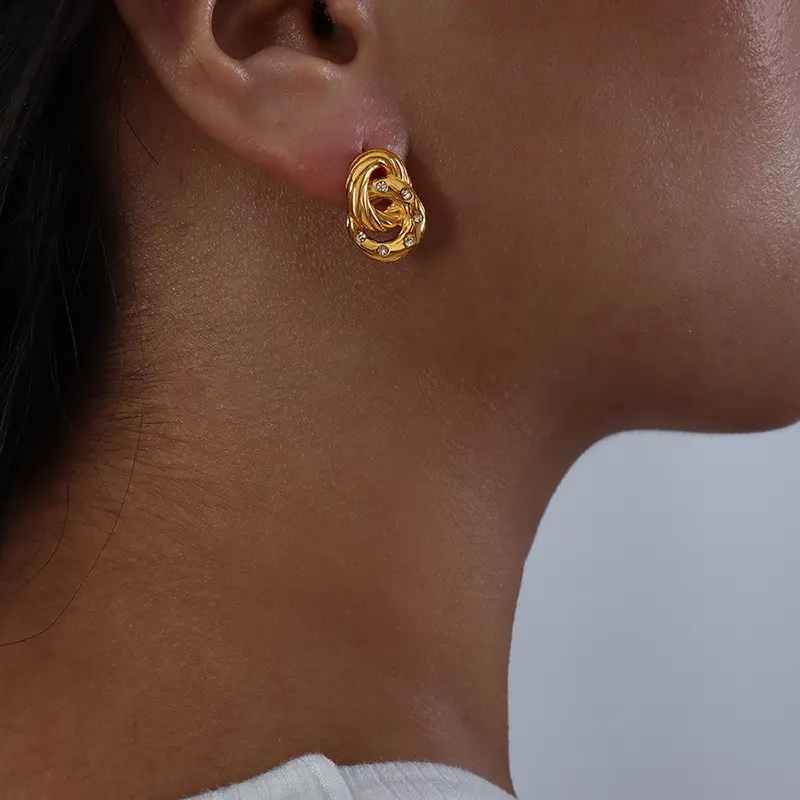 18K Double Ring Inlaid Zircon Earrings