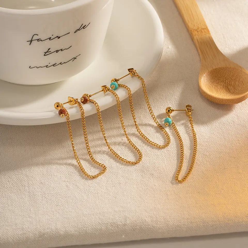 18K Natural Stone Tassel Chain Earrings