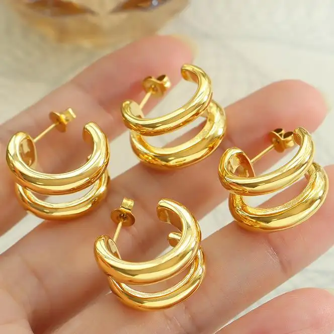 18K Double Layer C Shaped Earrings