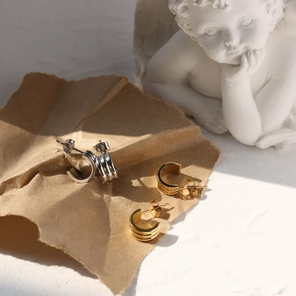 14K Triple Layered C Shaped Stud Earrings