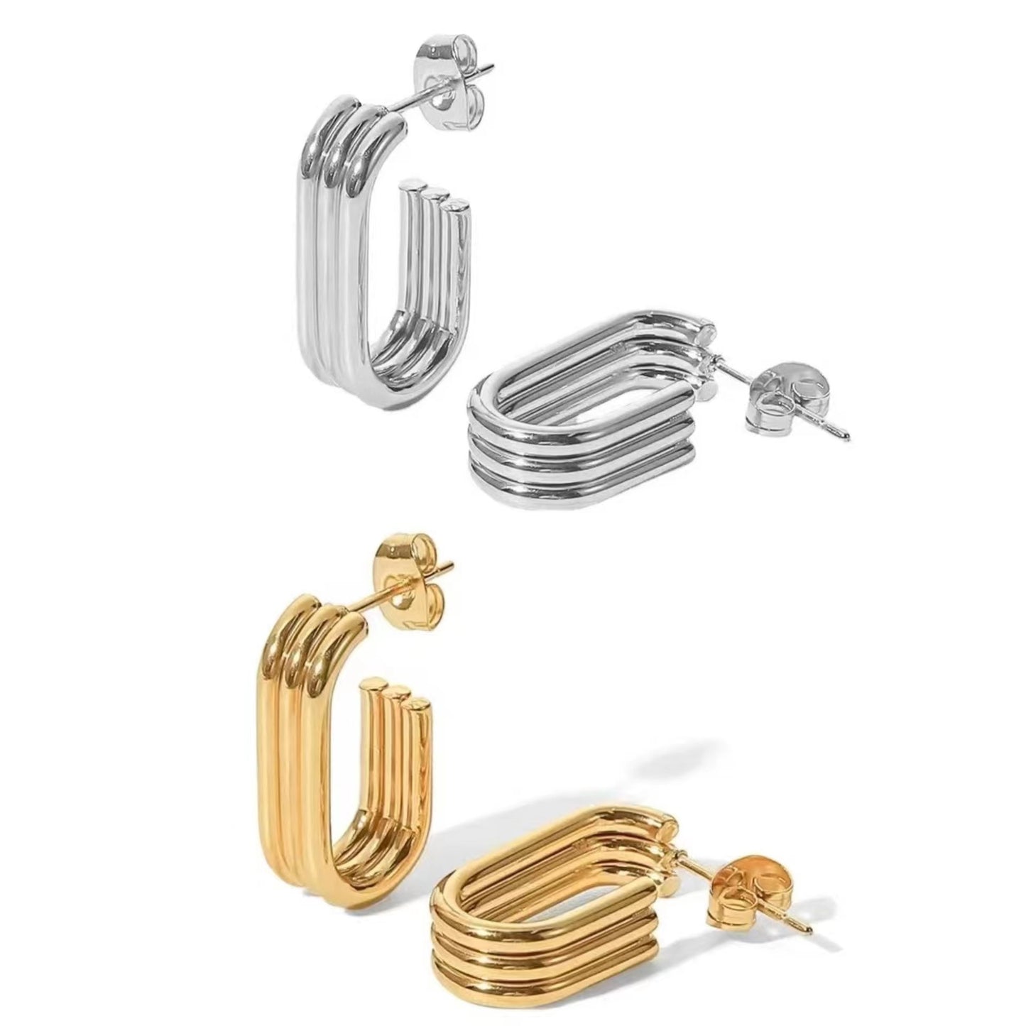 Silver U-shape Three Layer Pipe Hoop Earrings