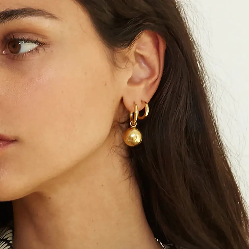 18K Two Tone Ball Drop Hoop Earrings