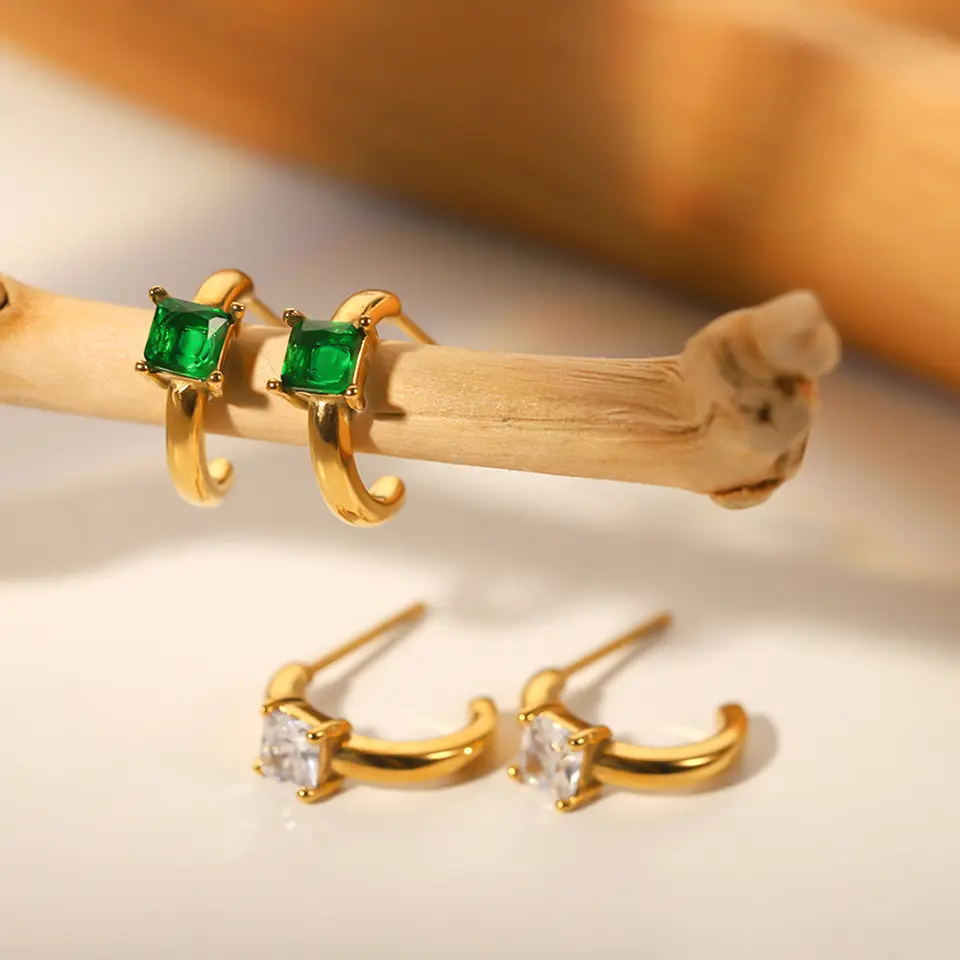 18K CZ Stone C Shaped Hoop Earrings, Green