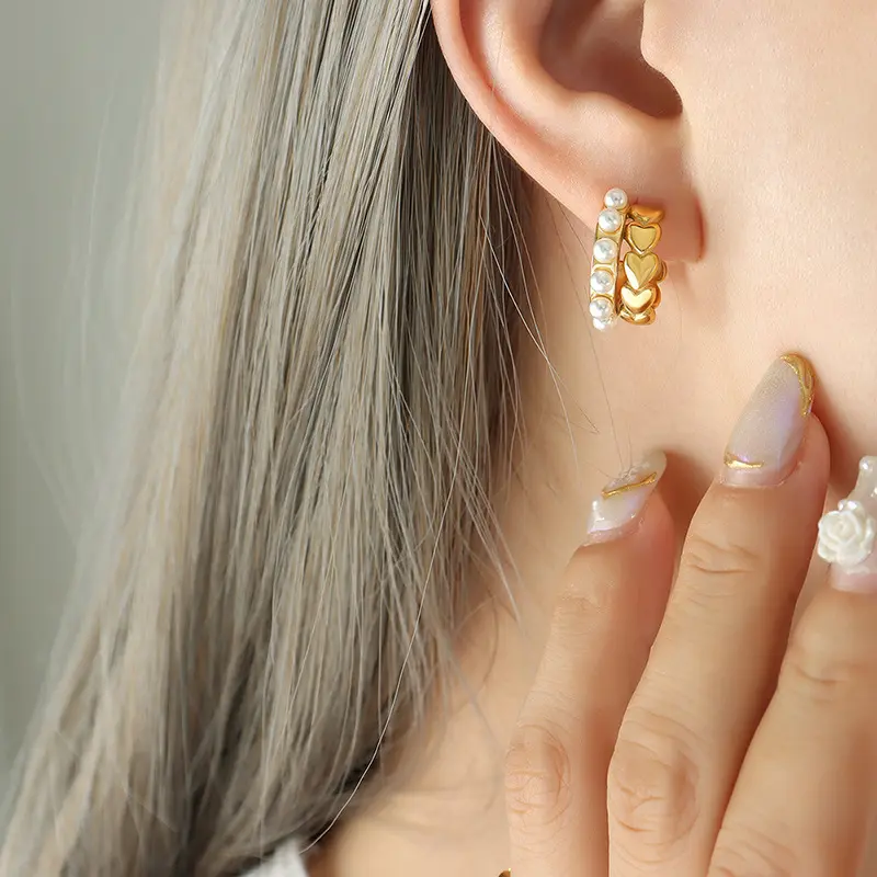 18K Double Layered Pearl Heart Hoop Earrings