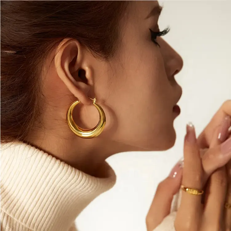 18K Hollow Moon Chunky Hoop Earrings