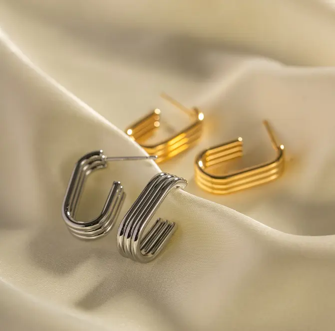 Silver U-shape Three Layer Pipe Hoop Earrings