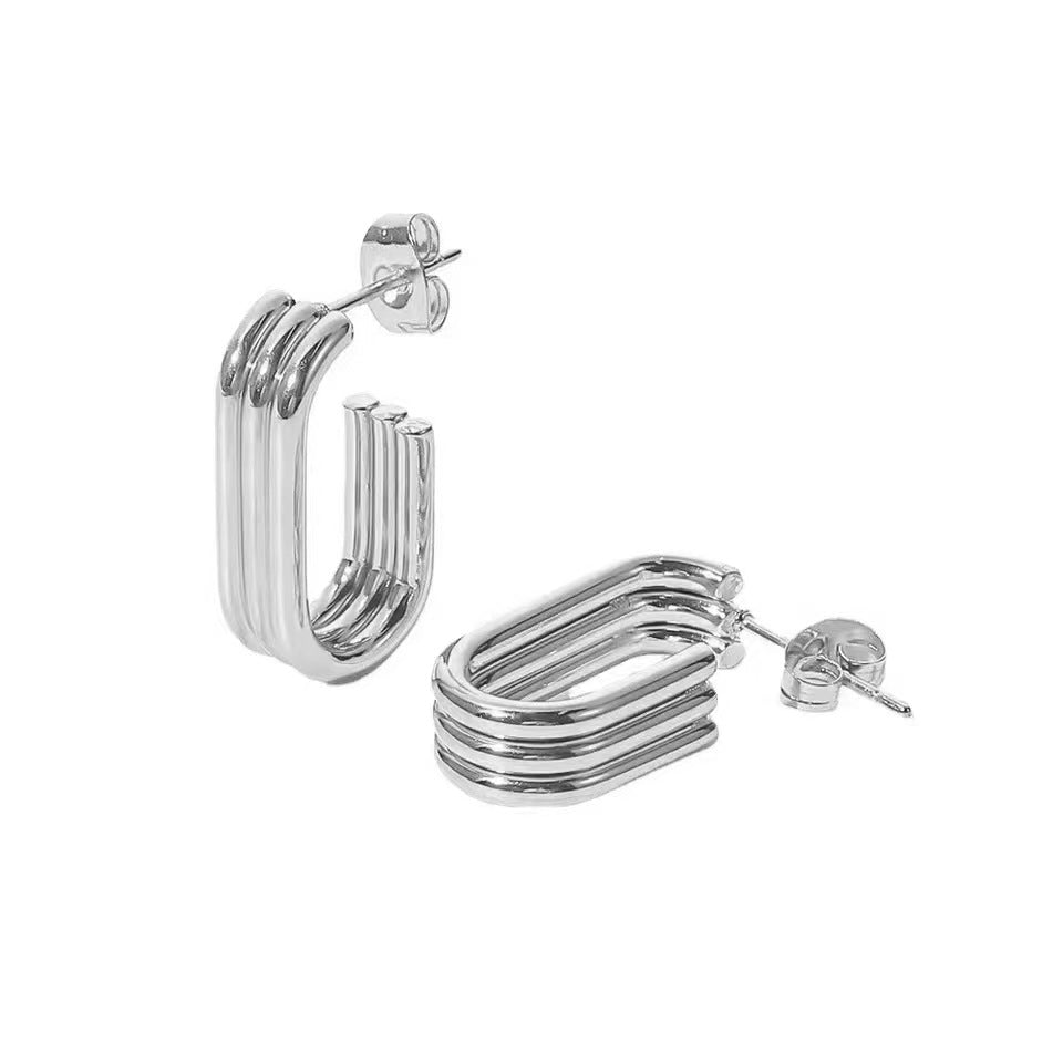 Silver U-shape Three Layer Pipe Hoop Earrings
