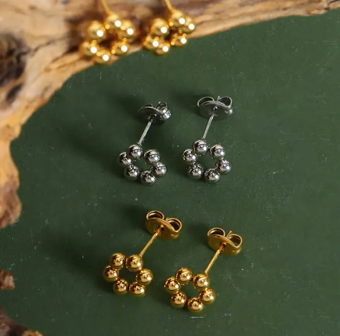 Silver Bead Flower Stud Earrings