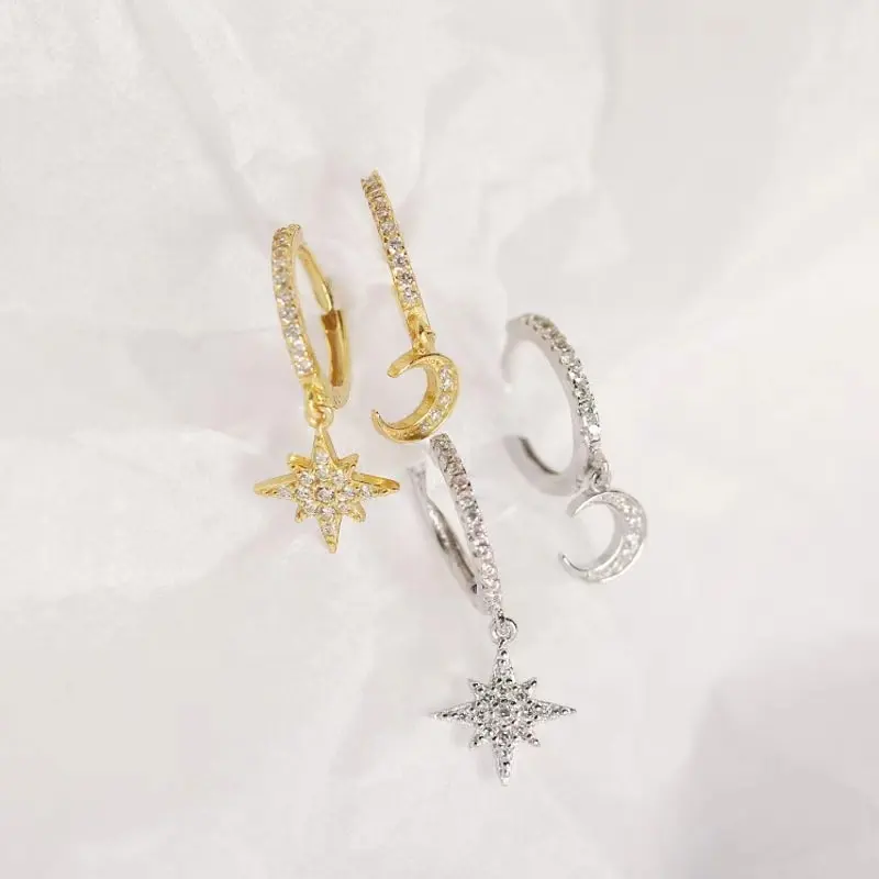 14K Star to Moon CZ Hoop Earrings