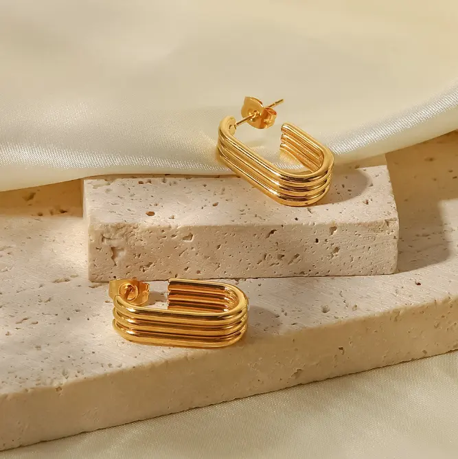 18K U-shape Three Layer Pipe Hoop Earrings