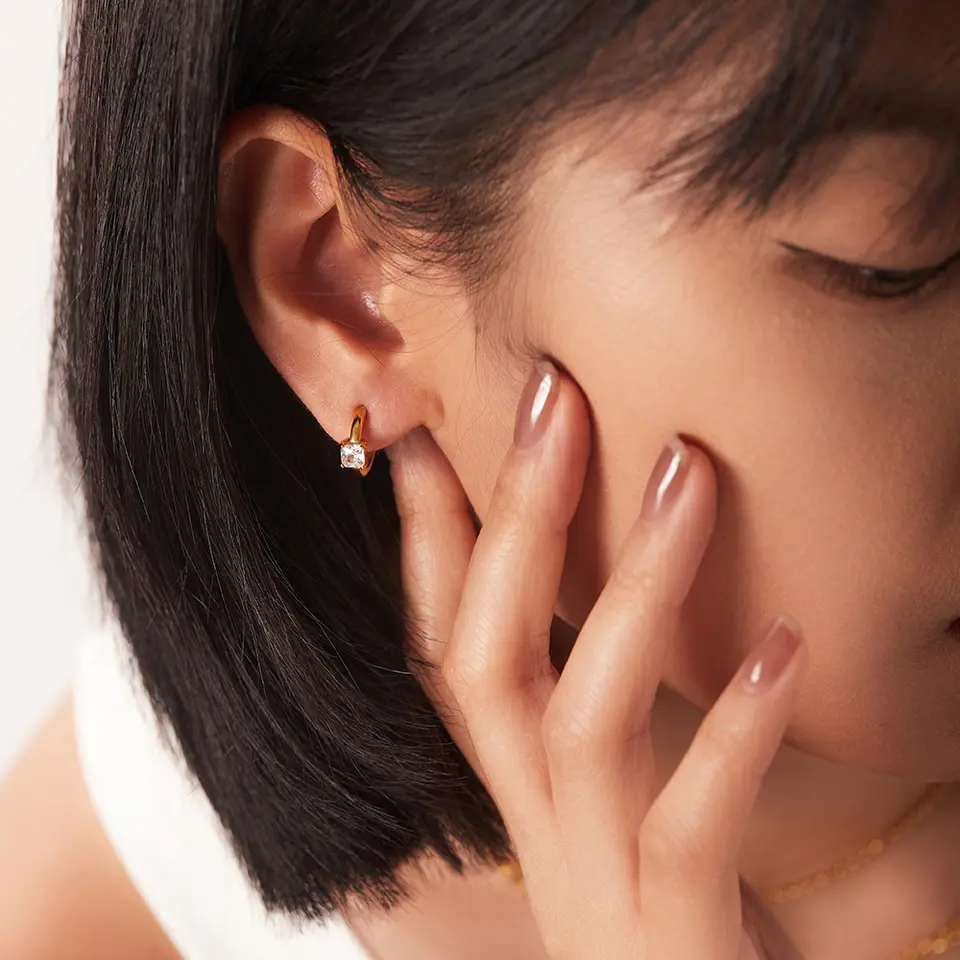 18K CZ Stone C Shaped Hoop Earrings, White