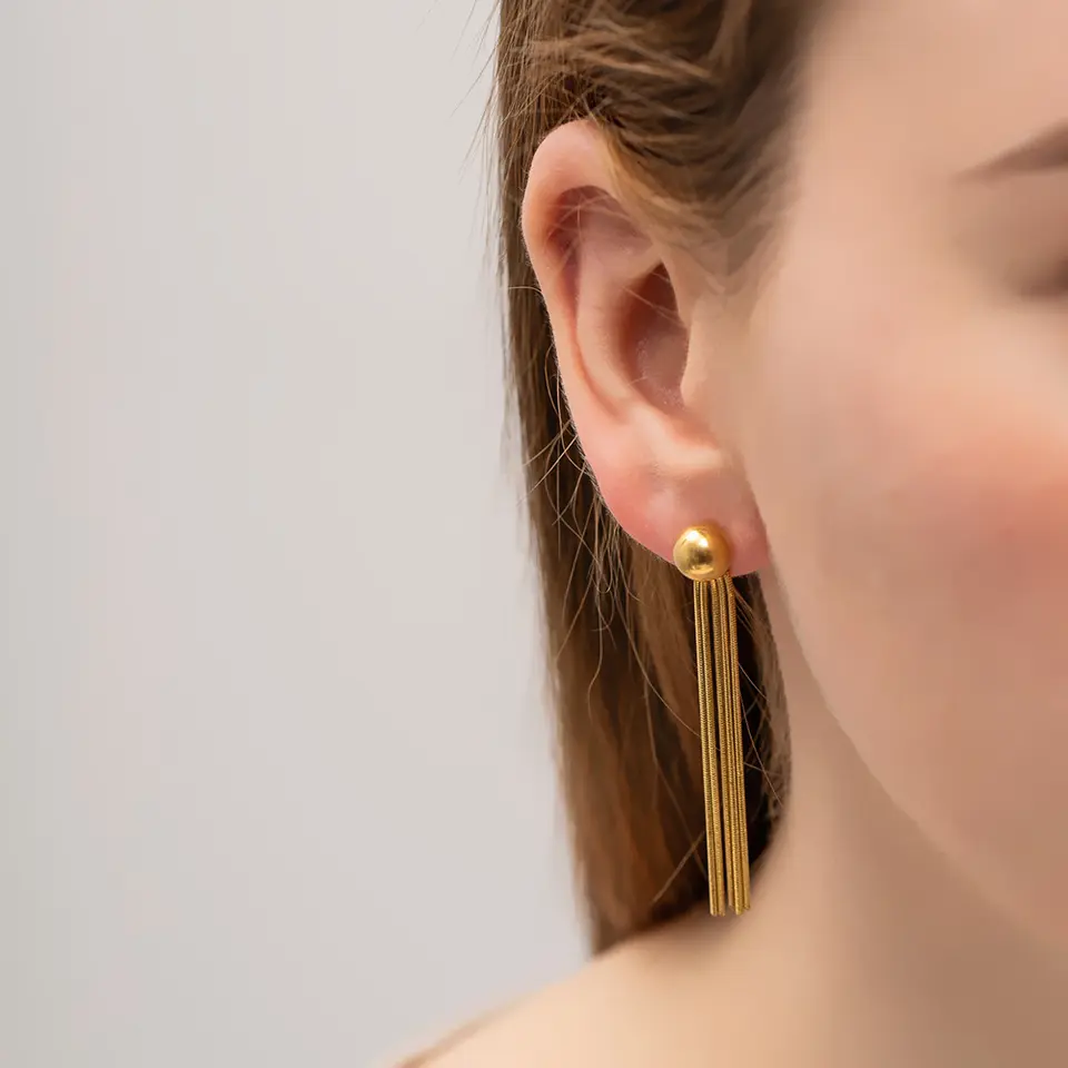 18K Long Snake Chain Tassel Ball Earrings