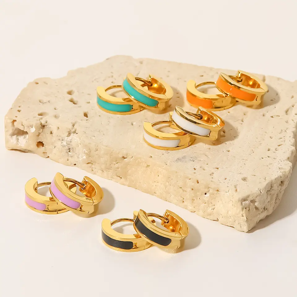 18K Enamel Geometric Circle Hoop Earrings