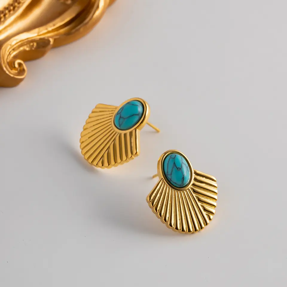 14K Turquoise Fan-shaped Stud Earrings