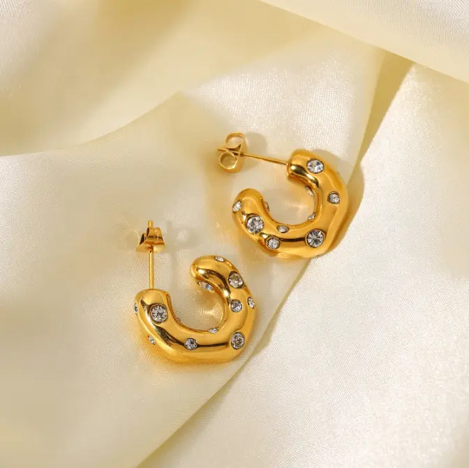 18K Moissanite Chunky C Shaped Zircon Hoop Earrings