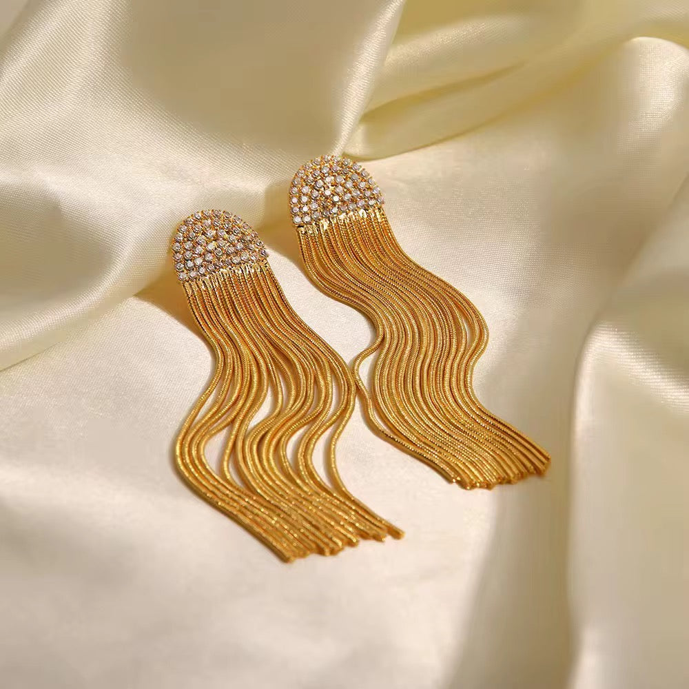 Diamond Long Chain Tassel in 18K Gold-Plating with Cubic Zirconia
