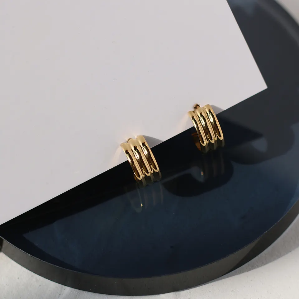 14K Triple Layered C Shaped Stud Earrings