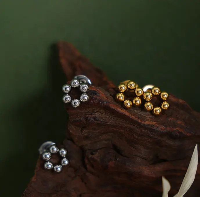 Silver Bead Flower Stud Earrings