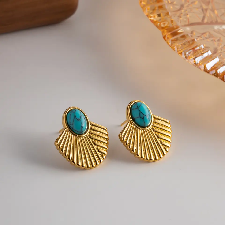 14K Turquoise Fan-shaped Stud Earrings