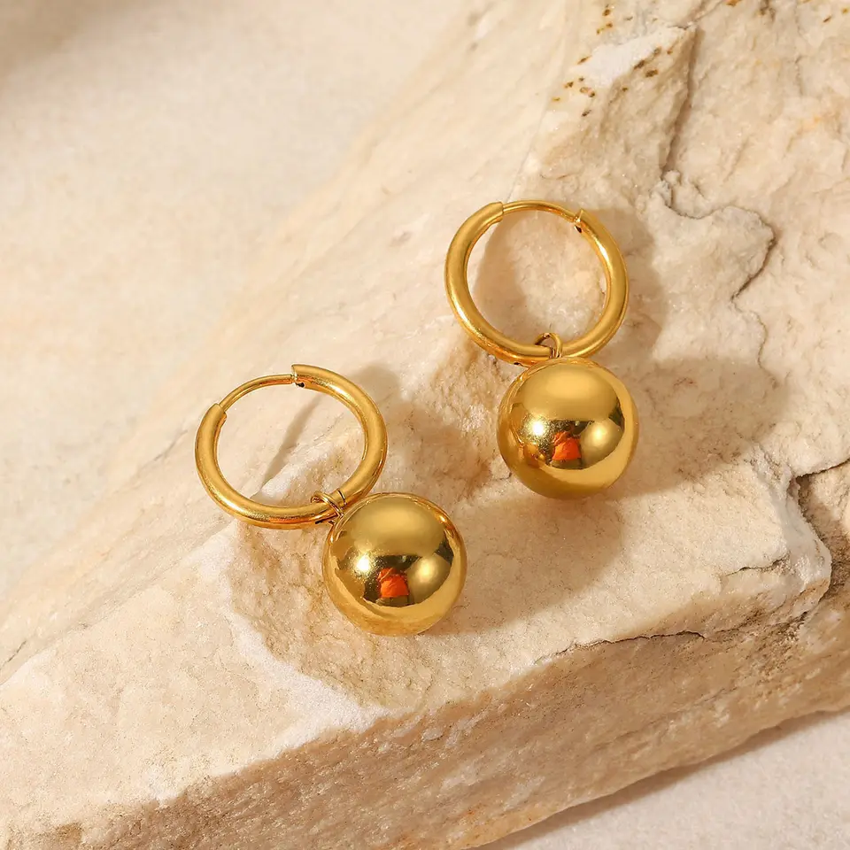 18K Two Tone Ball Drop Hoop Earrings