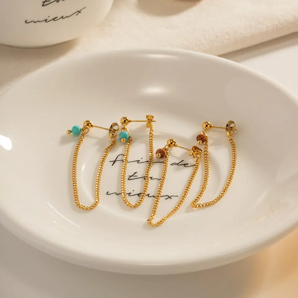 18K Natural Stone Tassel Chain Earrings