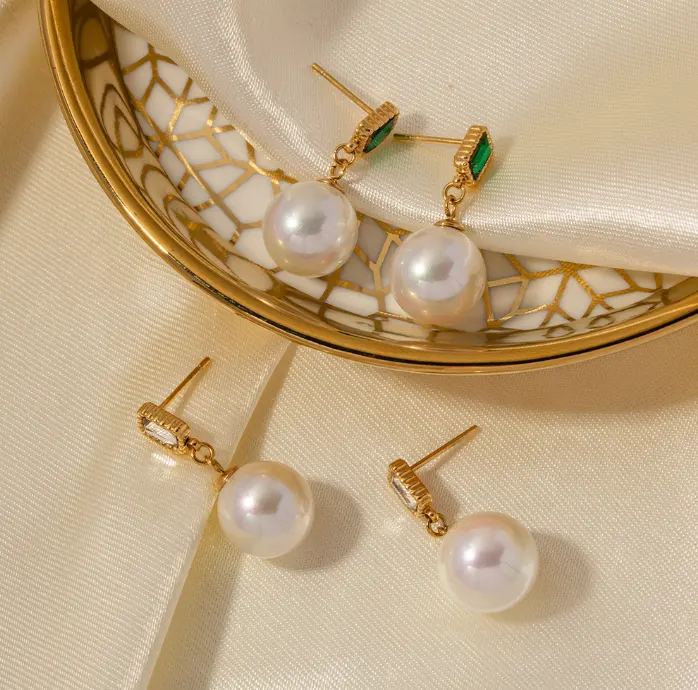 18K Square Zircon Pearl Drop Earrings