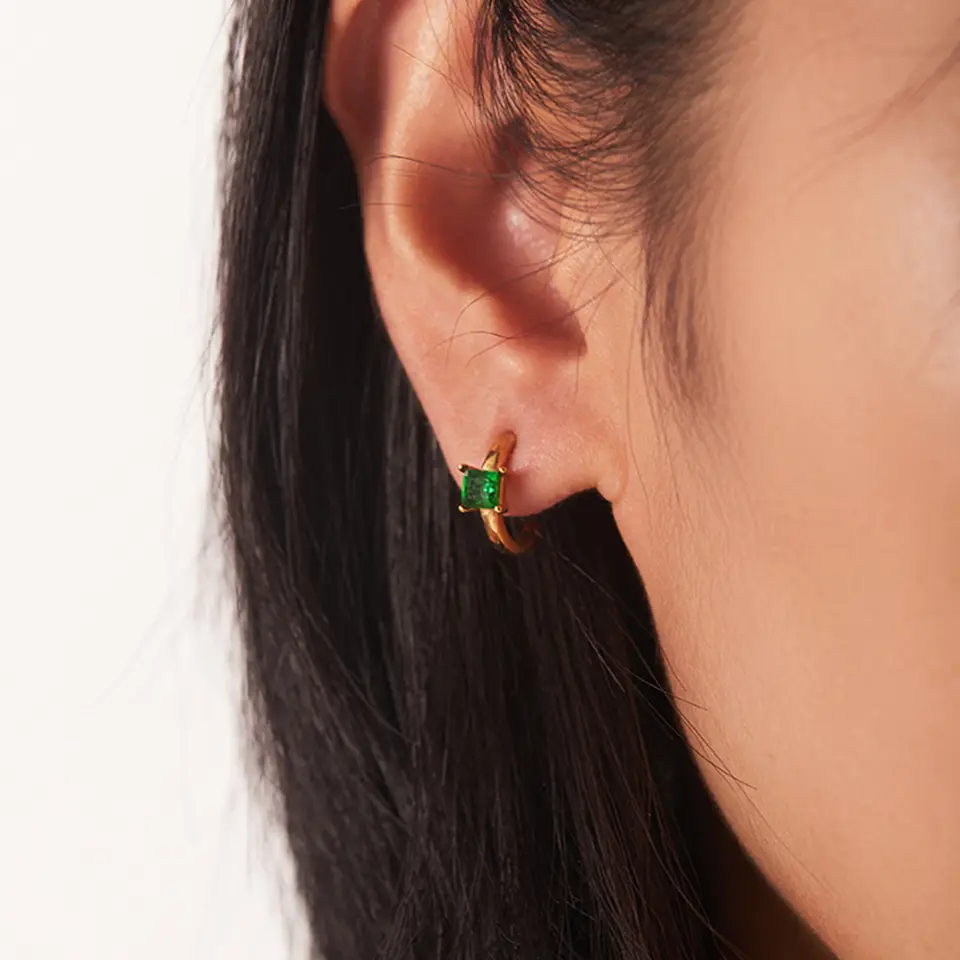 18K CZ Stone C Shaped Hoop Earrings, Green