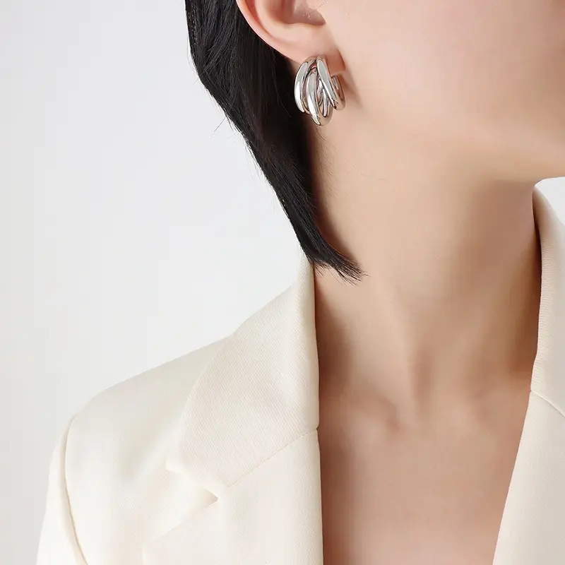 Silver Triple Layer C Shaped Earrings