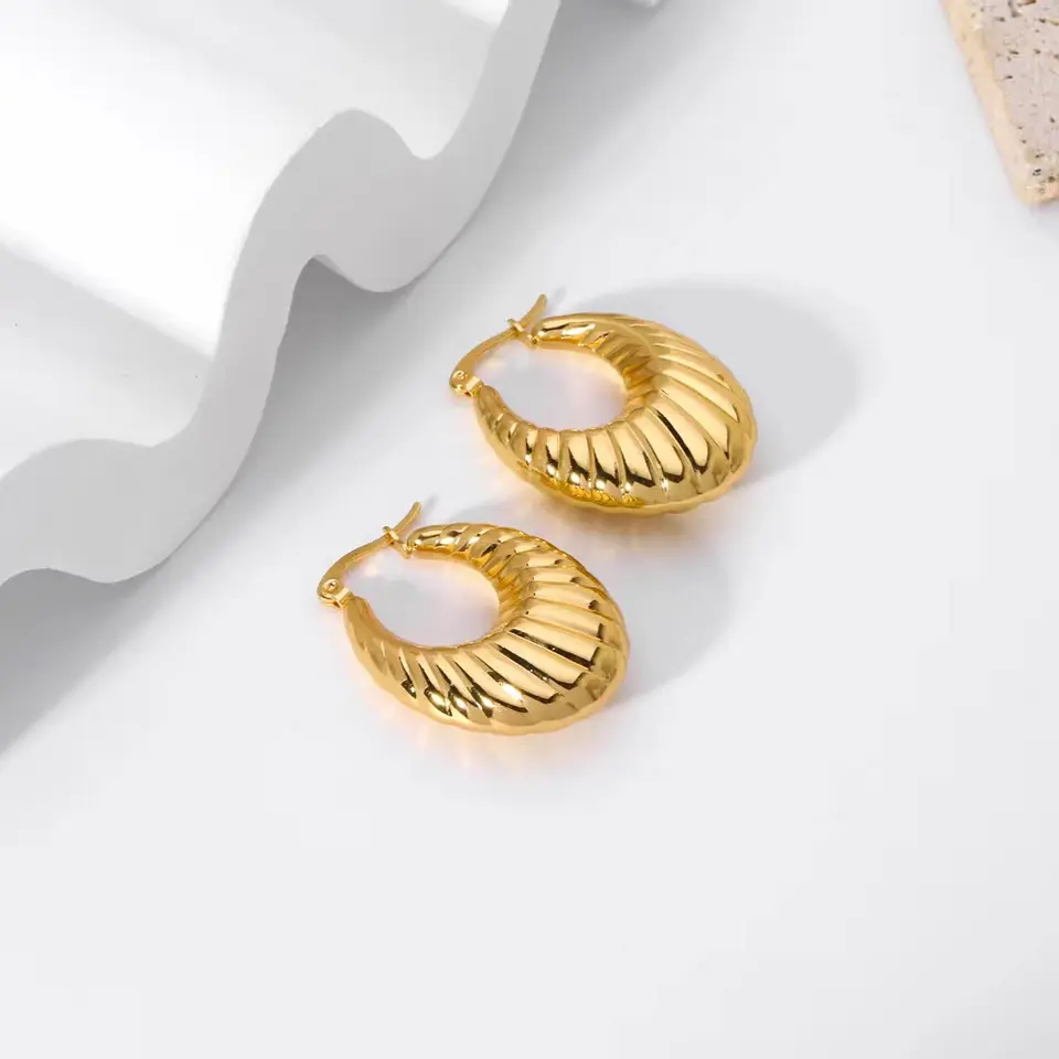 18K Textured Oval Croissant Hoop Earrings