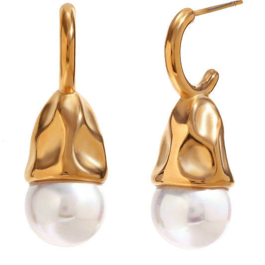 18K Hammered Drop Pearl Earrings