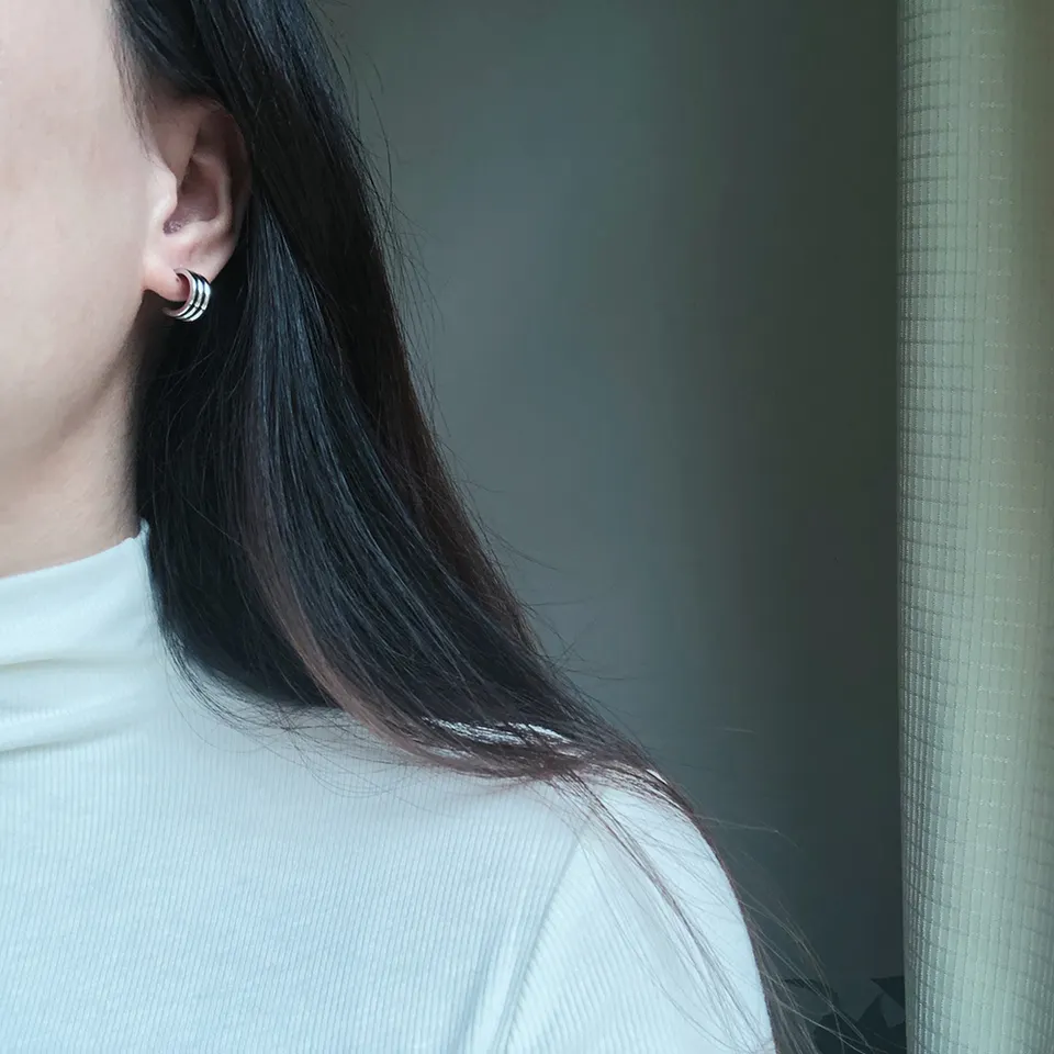 Silver Triple Layered C Shaped Stud Earrings
