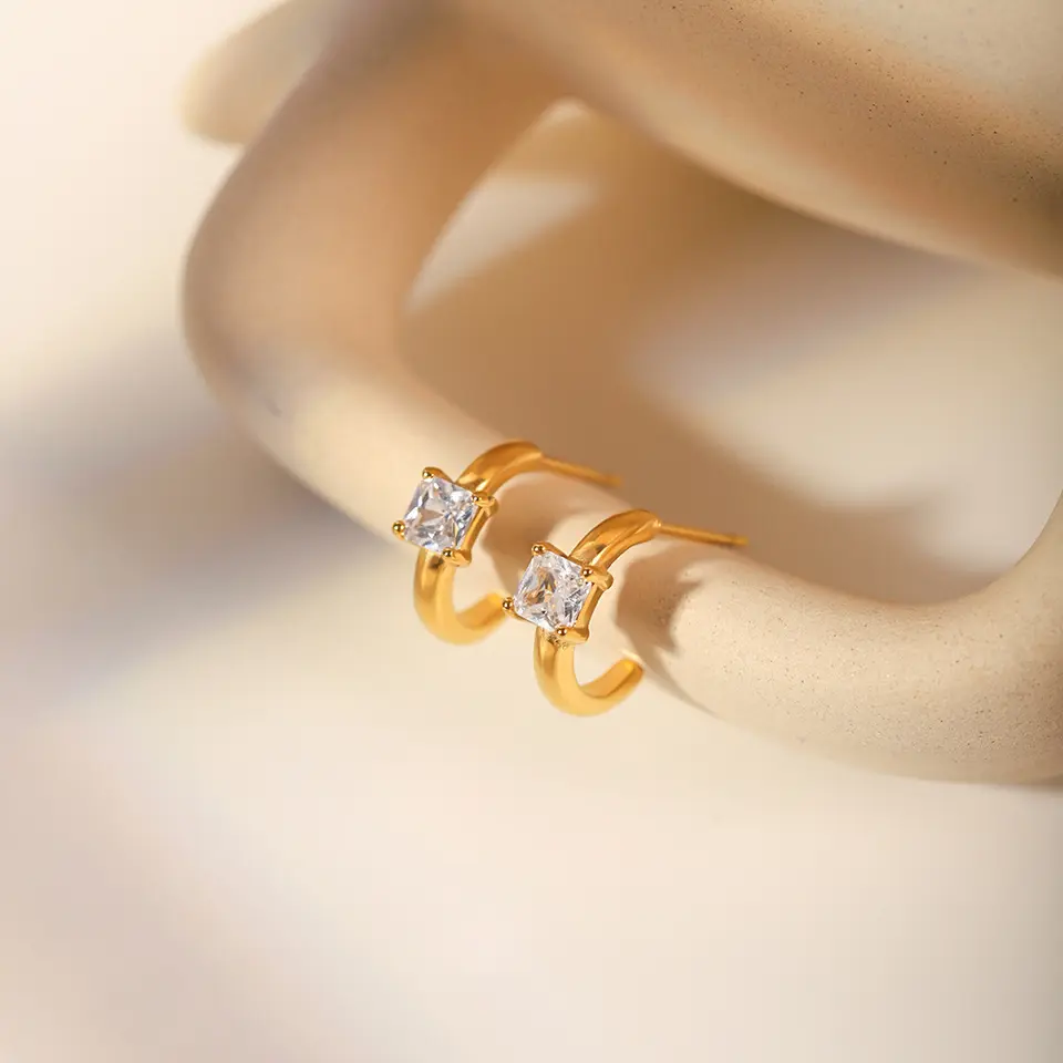 18K CZ Stone C Shaped Hoop Earrings, White