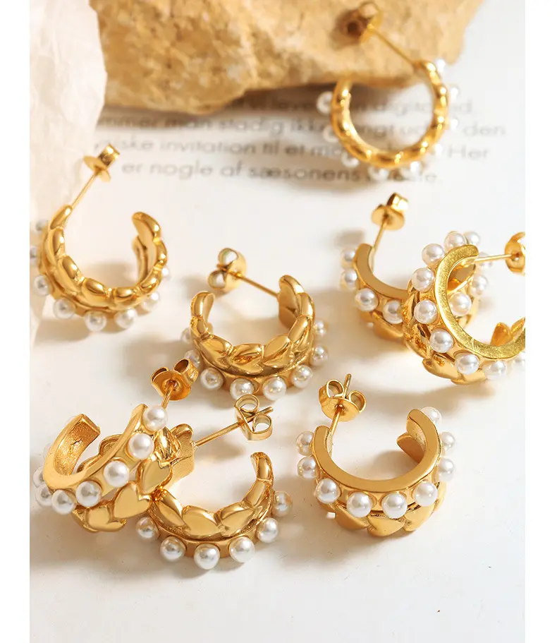 18K Double Layered Pearl Heart Hoop Earrings