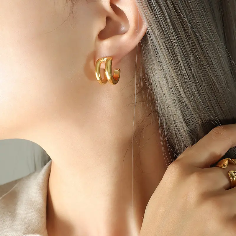 18K Double Layer C Shaped Earrings