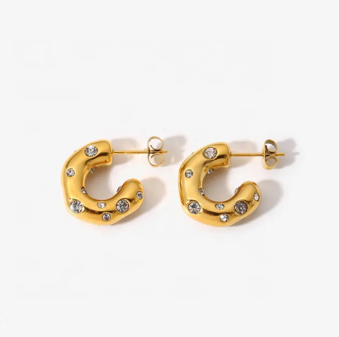 18K Moissanite Chunky C Shaped Zircon Hoop Earrings