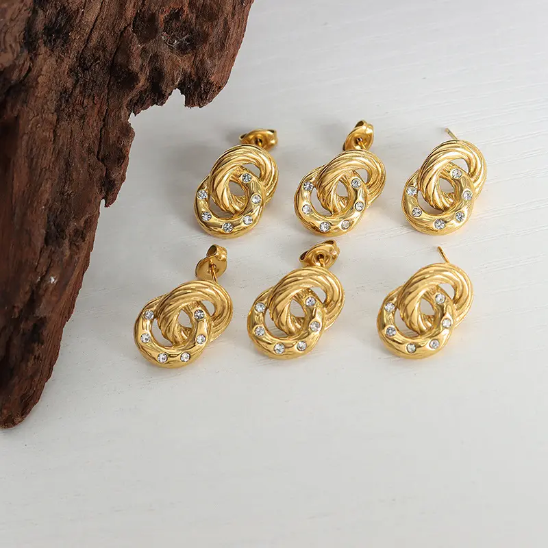 18K Double Ring Inlaid Zircon Earrings