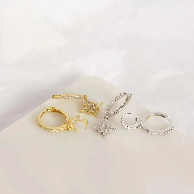 Silver Star to Moon CZ Hoop Earrings