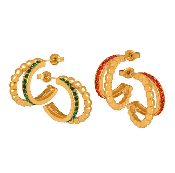 18K Layered CZ Hoop Earrings, Green