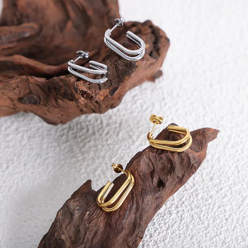 Silver Double Layer J-shape Hoop Earrings