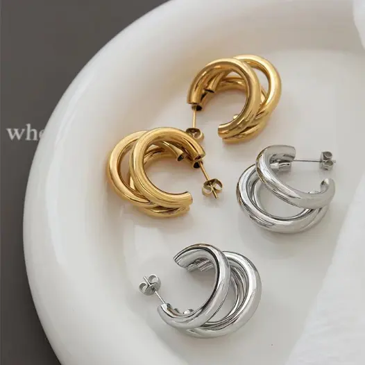 Silver Triple Layer C Shaped Earrings