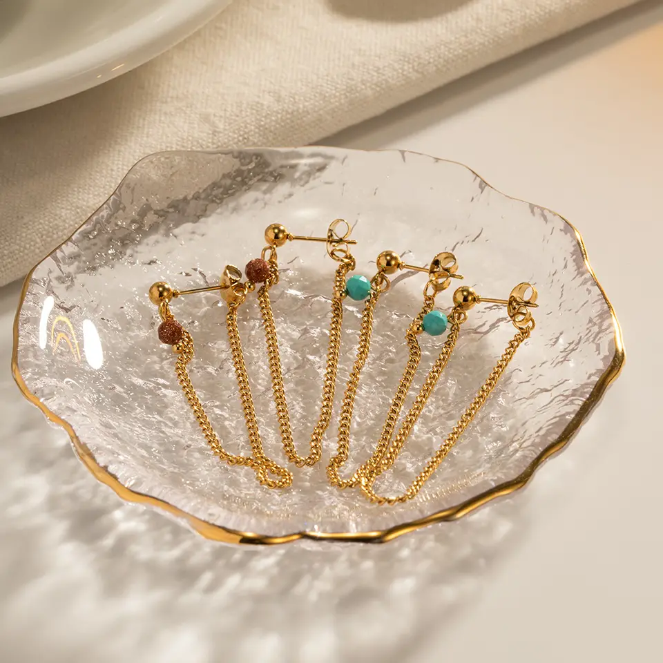 18K Natural Stone Tassel Chain Earrings