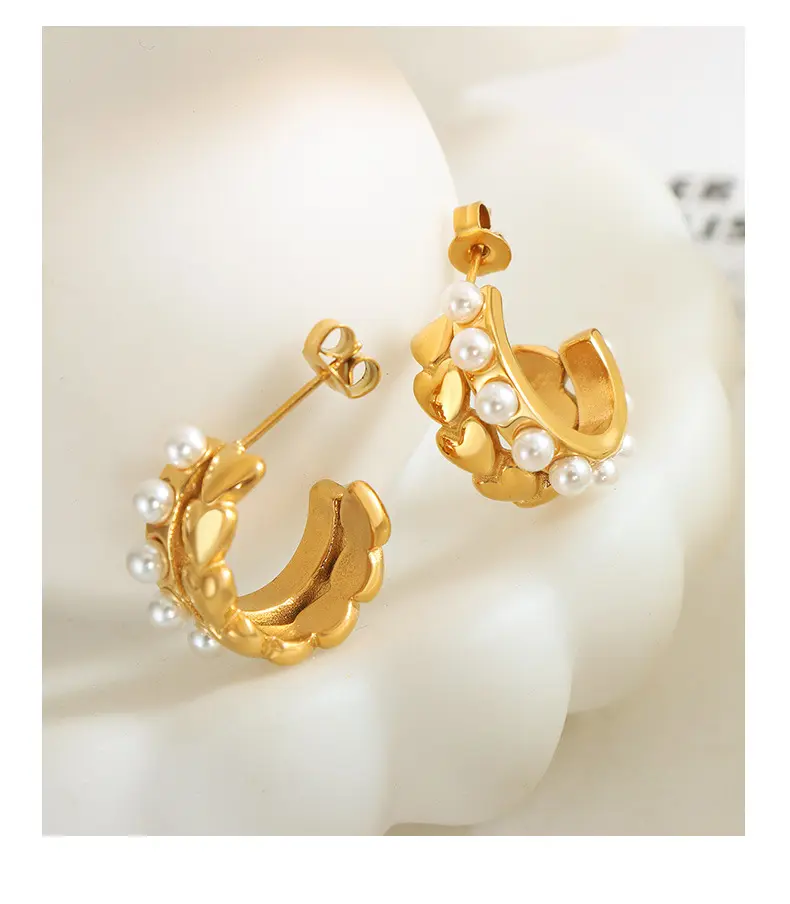 18K Double Layered Pearl Heart Hoop Earrings