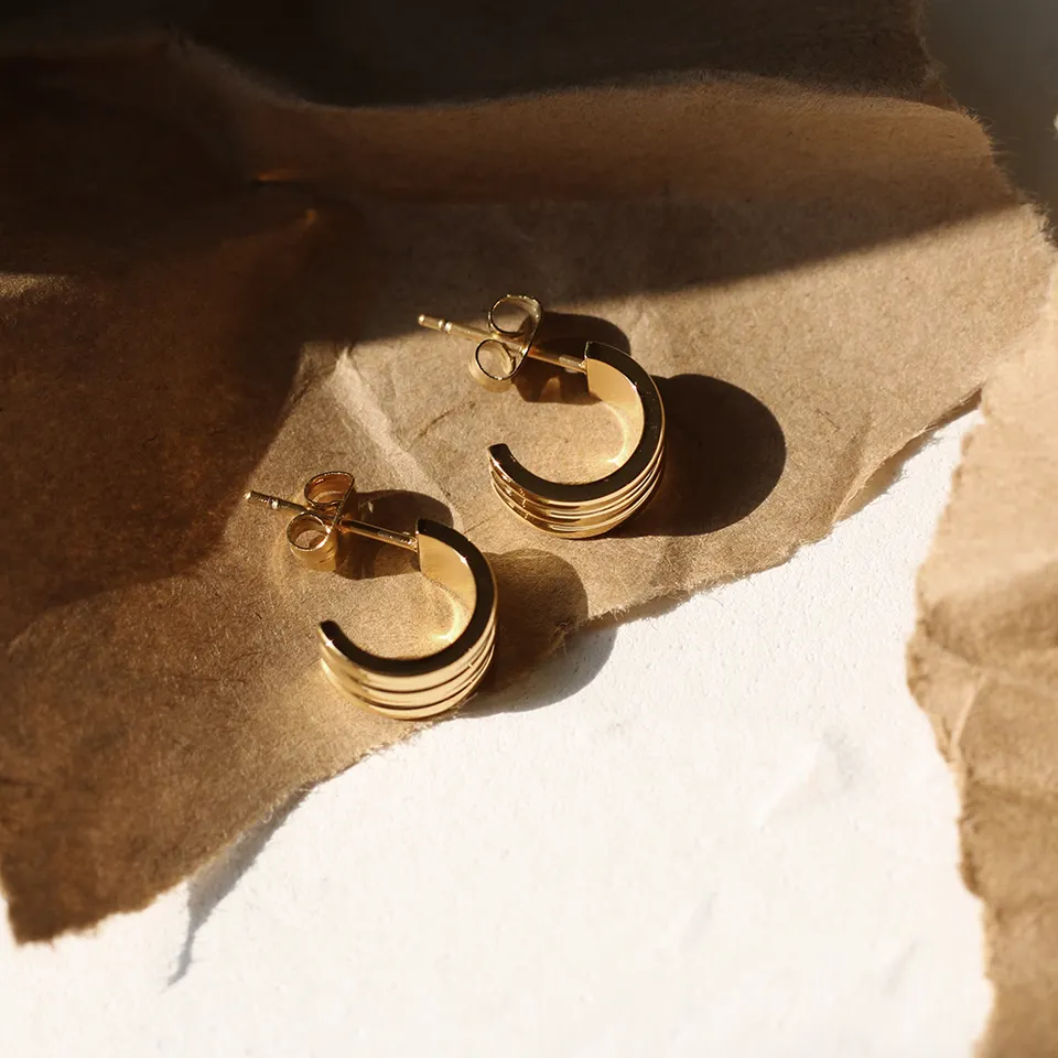 14K Triple Layered C Shaped Stud Earrings