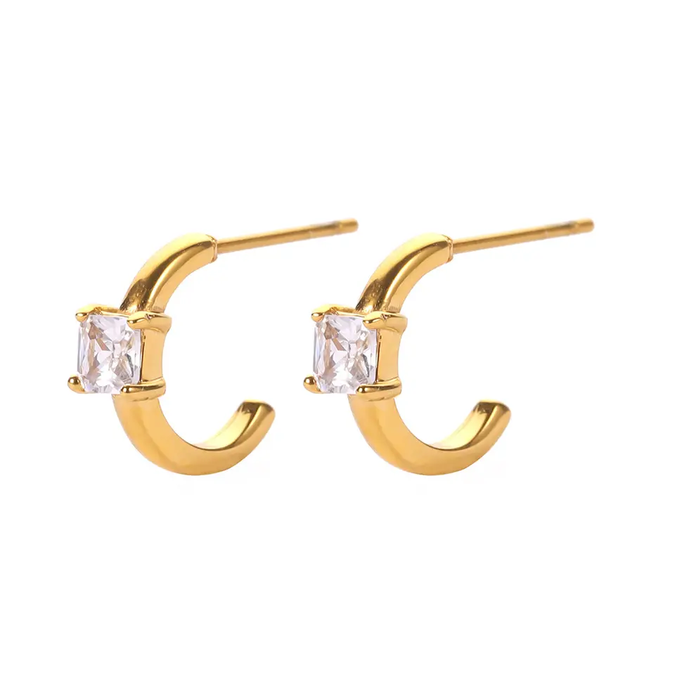 18K CZ Stone C Shaped Hoop Earrings, White