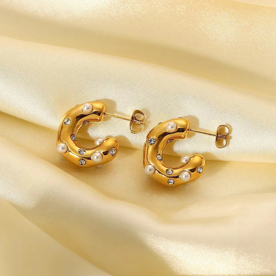 18K Moissanite Chunky C Shaped Zircon Hoop Earrings