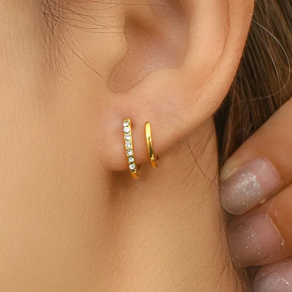 18K Double Layered Dainty Zircon Hoop Earrings